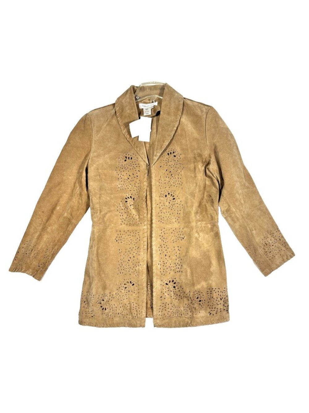Coldwater Creek Brown Leather Laser Cut Whipstitch Open Front Jacket Petite Med